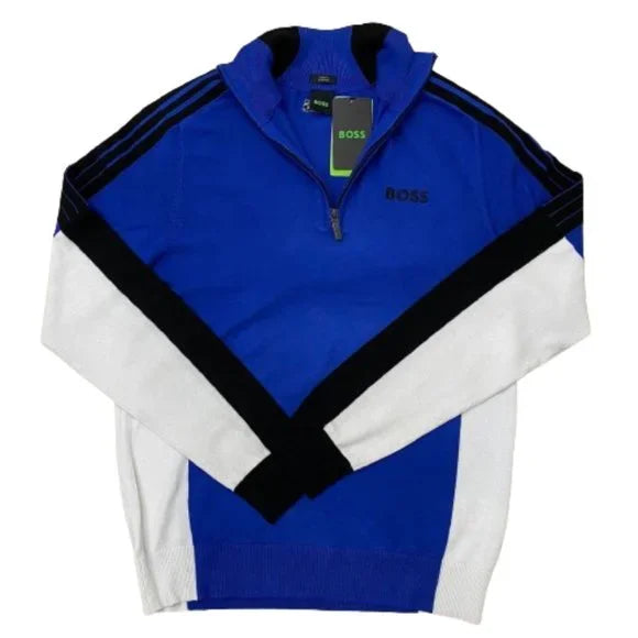 Hugo Boss Men's Cotton Zip Neck Color Block Sweater Blue Long Sleeve